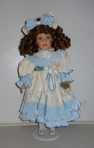 17 in Collector's Choice Girl Doll in White Dress with Blue Ruffles - Beautiful!