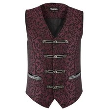Premium Mens Vest Waistcoat Maroon Damask Velvet Goth Steampunk Vtg Brocade Vest