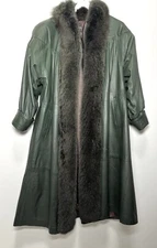 Vtg 80s Green Leather Swing Coat Full Length Fox Fur Collar One Size Luxury