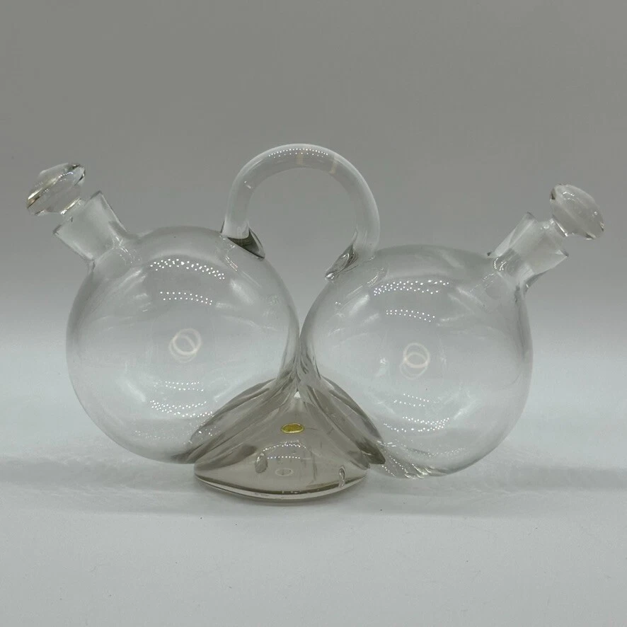 Vintage Hand Blown Clear Glass Oil & Vinegar Side By Side Cruet Made in Hungary