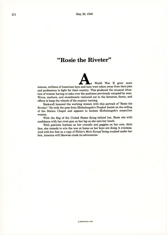 1943 MAY 29 Rosie the Riveter NORMAN ROCKWELL SATURDAY EVENING POST COVER PRINT - Image 2 of 3