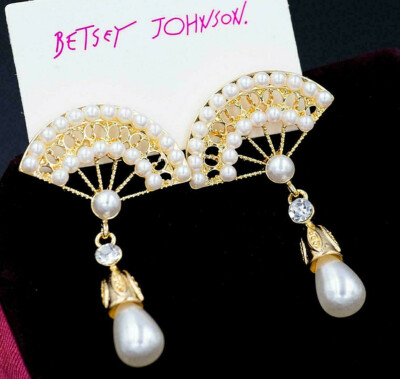 Delicate Diva FAN Golden PEARLS Opera Mask Asian Dance Betsey Johnson Earrings
