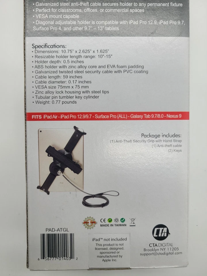 Anti-Theft Grip – CTA Adjustable Security For 9.7" - 13" Tablets, Silver  - Image 4 of 4