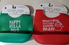 NEW Lot of 2 tunno tots Silicone Bibs: Happy Holla Days  + What a Man