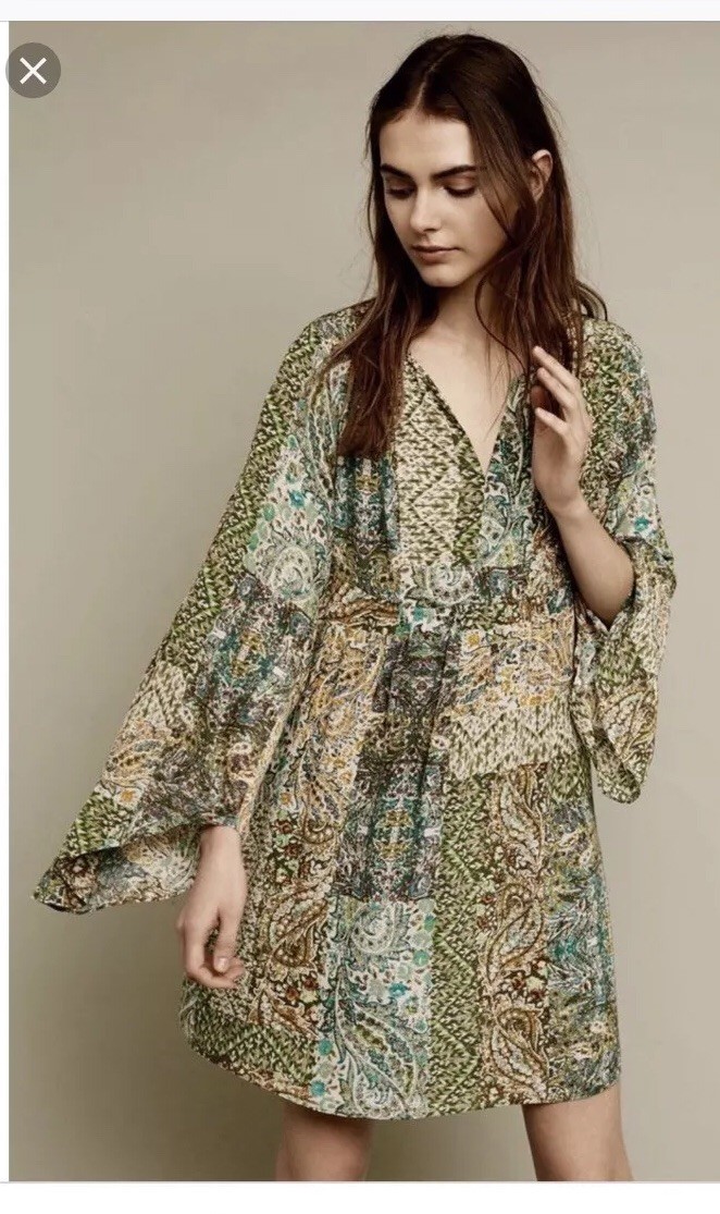 New $275 Anthropologie Floreat Silk Kimono Sleeve Green Paisley Dress s  Small 4 | eBay