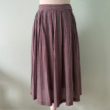 FRNCH Pleated Skirt Ankle Length Back Zip Pockets Red Gray Vertical Stripe SMALL