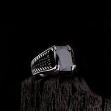 925 Sterling Silver Black Zircon Stone Handmade Turkish Men's Ring Jewelry