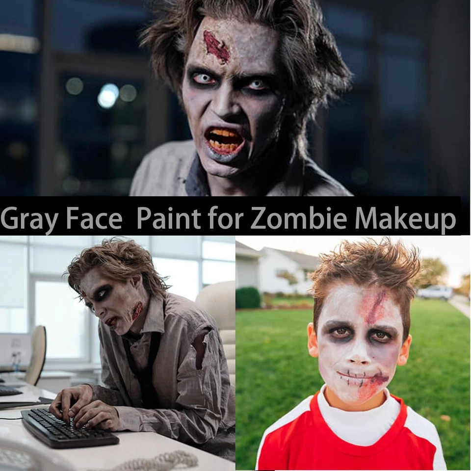 Pintura facial negra blanca gris claro + 3 piezas esponja + cepillo, 3 colores gris pintura corporal Foto 3 de 4