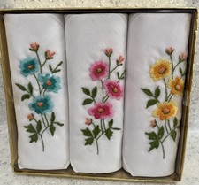 Vtg NIB Floral Embroidered Hankies Handkerchiefs 3 Hanky Lot Montgomery Ward