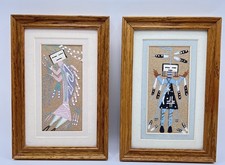 2 Oak Framed Matted Sand Art Father Sky & Rainbow Yei Signed 6 X 9