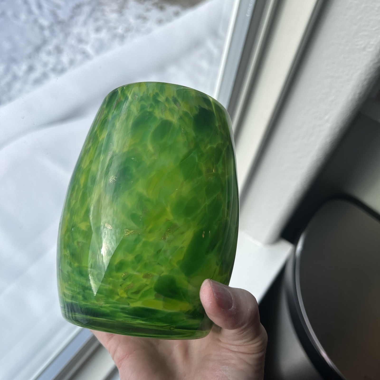 Dehanna Jones 2023 Art Glass Candle Holder “Emerald City” Gold Glitter 5”