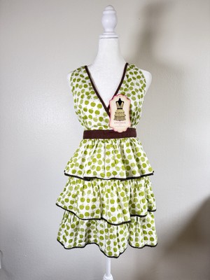Envogue Green Apple Print Ruffle Kitchen Impression  Full Apron Cotton