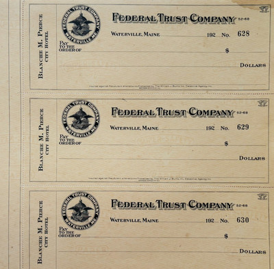 1920 Federal Trust Checks Lot of 3 City Hotel Waterville Maine 628-630 F18C1