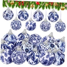 24 Pcs Christmas Blue and White Ornaments Chinoiserie Hanging Ball Fabric