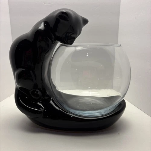 Vintage Haeger Pottery Black Cat w/ Glass Fishbowl Ceramic Sculpture Planter MCM