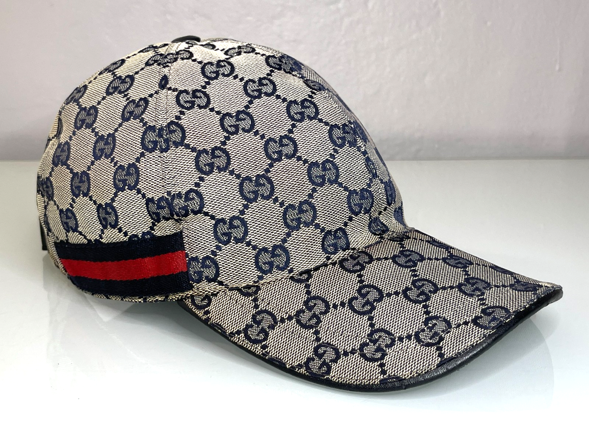Gucci Navy Size S 57 GG Logo Monogram Canvas Web Baseball Cap Hat