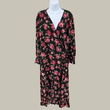 Boohoo Wrap Dress 20 Black Floral Rose Ruffle High Low Midi Romantic Botanical
