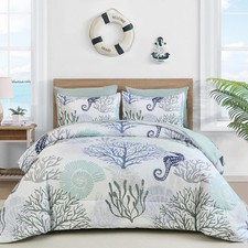 Comforter Set Queen Coastal Beach Theme Bedding Set, 7 Pieces Ocean Nautical ...