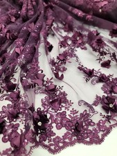 Eggplant Lace Fabric Sold By The Yard 3d Floral Rhinestones Embroidery Scalloped