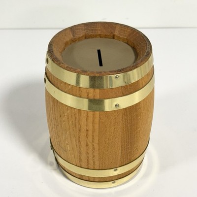 Vintage Wooden Oak Barrel Keg Coin Bank Combination Lock Safe Toy Decor