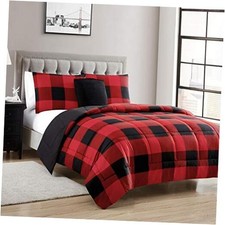 4 Piece Buffalo Check Plaid Design Reversible to Full/Queen Burgundy/Black