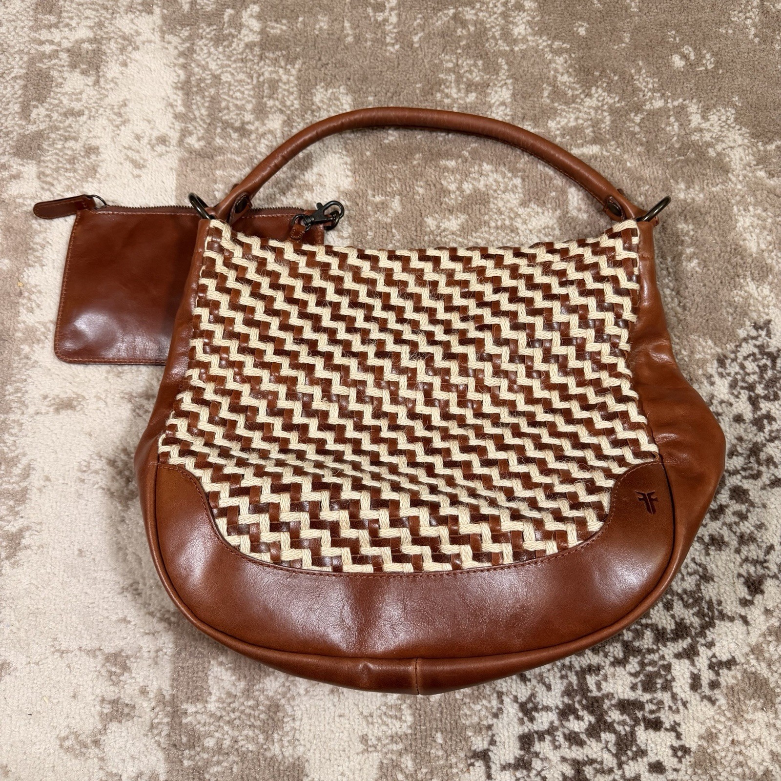 Bolso Hobo Frye Melissa Cuero Tejido Cartera Natural Coñac Marrón Cuerda de Esparto