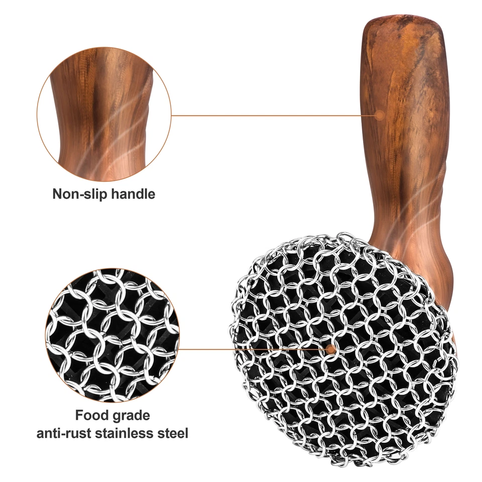 Limpiador de hierro fundido, fregador de cota de malla de acero inoxidable para sartén parrilla sartén Foto 3 de 4