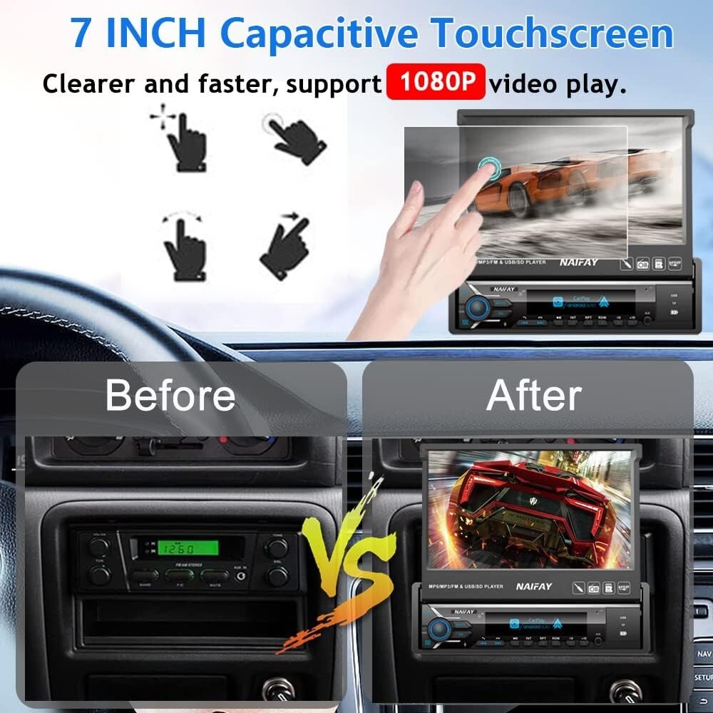 Naifay Single Din Touchscreen Car Stereo with Carplay & Android