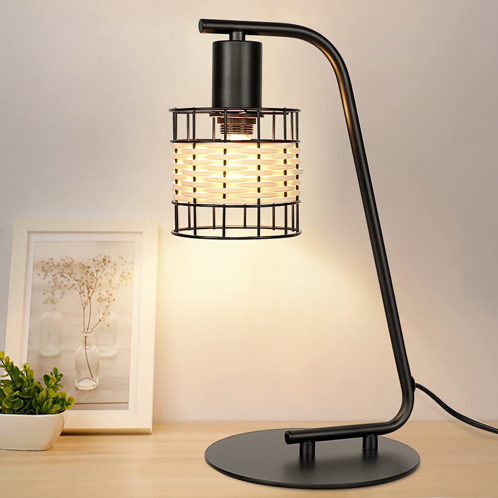Depuley Industrial Black Table Lamp, Modern Nightstand Lamp with Rattan Shade...