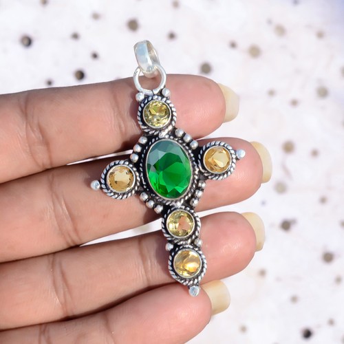 Diopside Citrine Gemstone Jewelry Pendant 925 Sterling Silver Handmade Cross - Picture 4 of 8