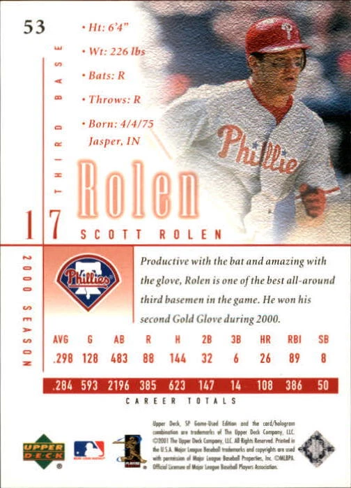 A2123-2001 SP Game Used Edition #53 Scott Rolen - NM-MT - Image 2 of 2