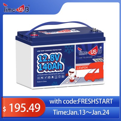Timeusb 12V 140Ah LiFePO4 Lithium Battery with Low Temp Cut Off 100A BMS For RV