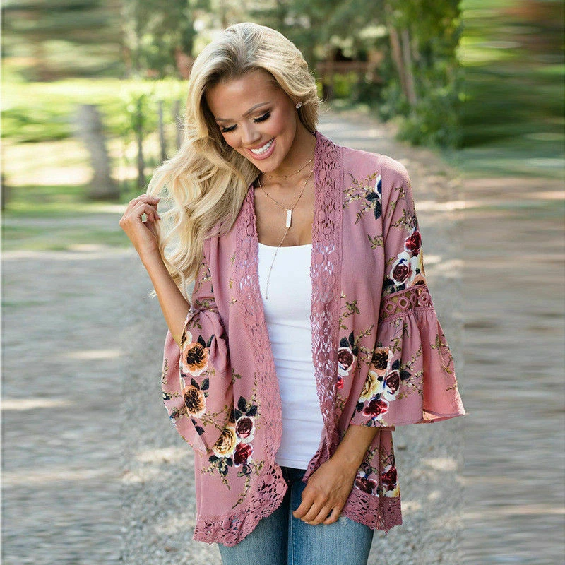 Women Holiday Lace Floral Kimono Cardigan Ladies Summer Tops Blouse