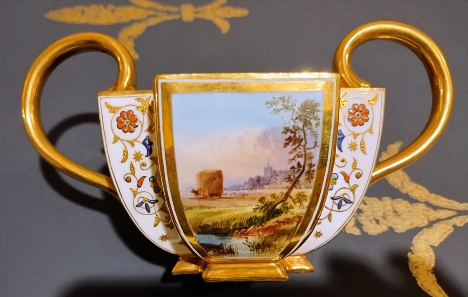 Coalport Sugar & Creamer Jeweled Gilded Quatrefoil with Landscape Panels B1502 - Image 3 of 4