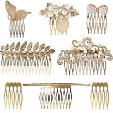 8 Pack Large Gold Crystal Pearl Rhinestone Metal Hair Side Combs Clip With