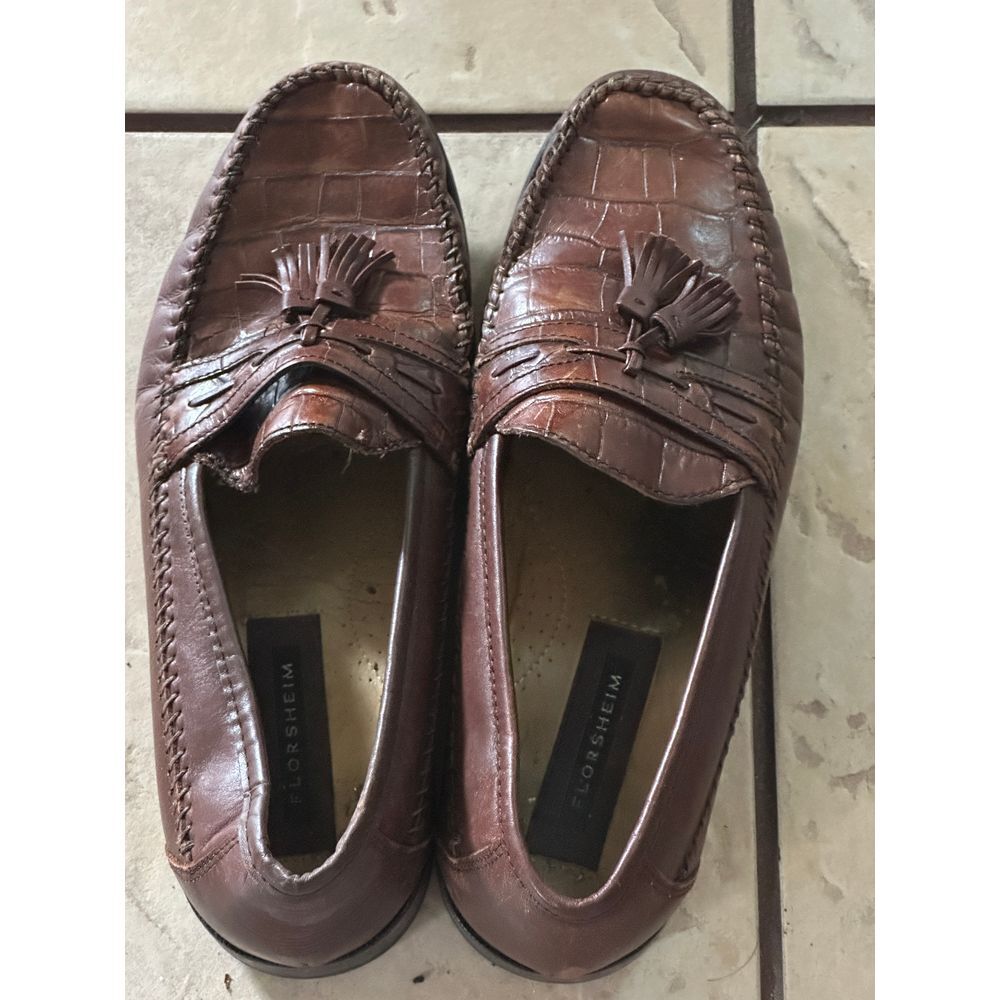 Florsheim Brown Leather Tassel Loafers Crocodile Pattern  display picture 1