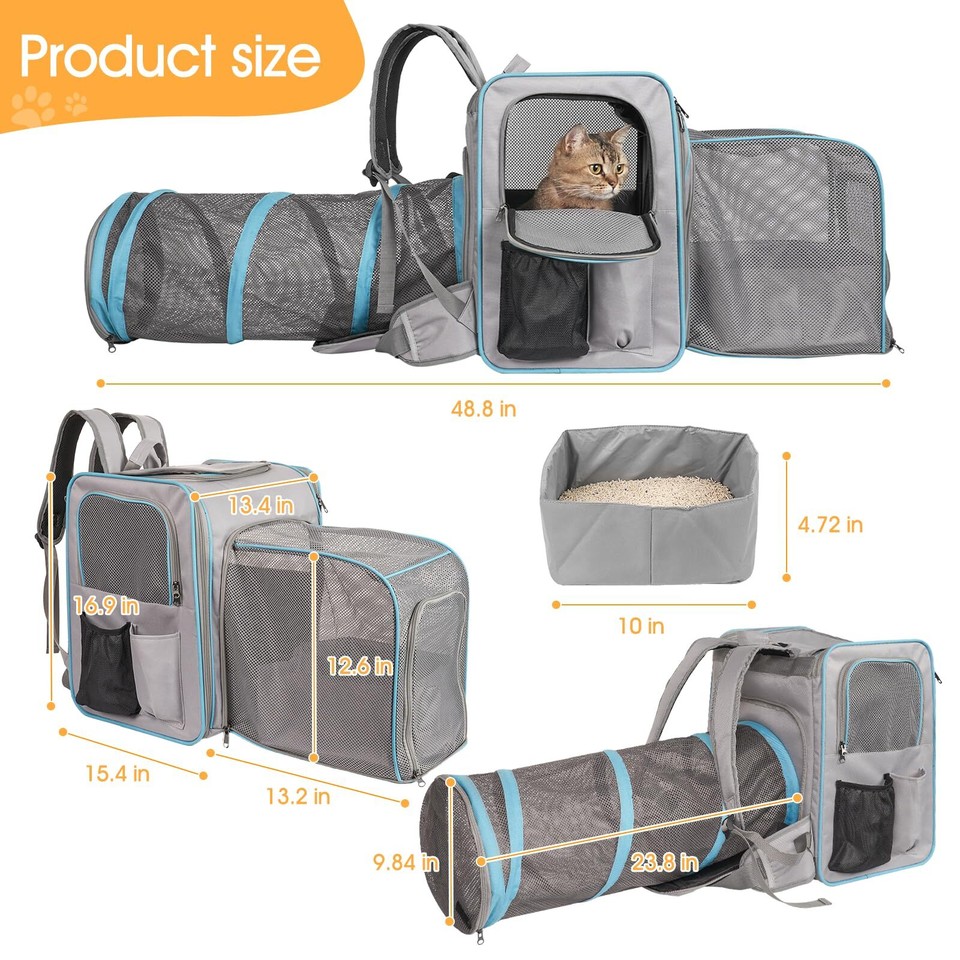 Cat Backpack Carrier with Litter Box, Expandable Portable Cat Carrier