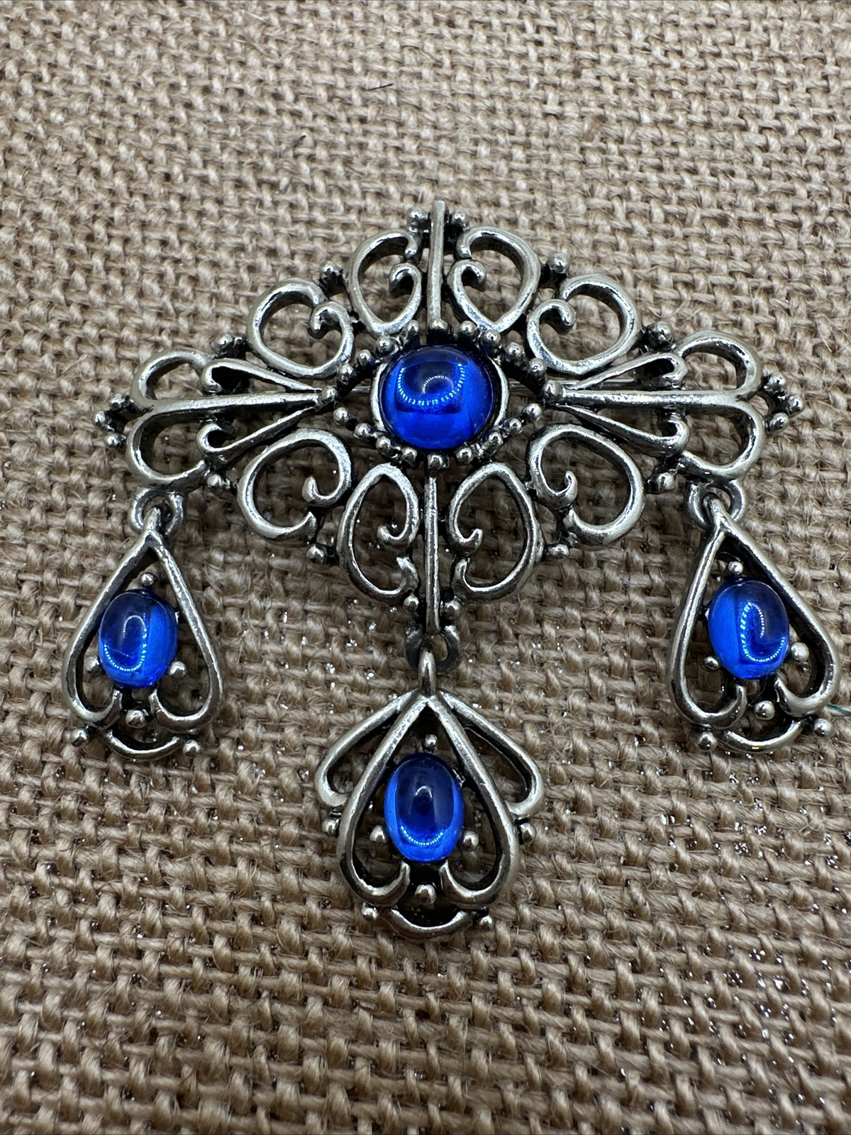 Blue Cabochon Dangle Drop Silver Tone Brooch - image 6