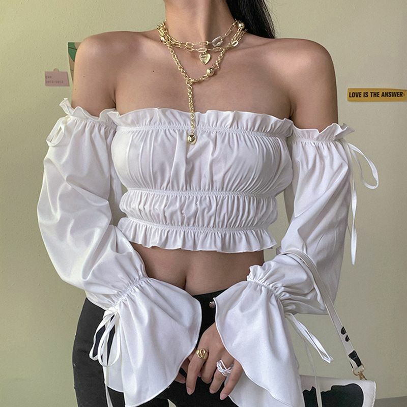 SML White Off Shoulder Long Sleeve Ruffle Crop Top Club Party Wear