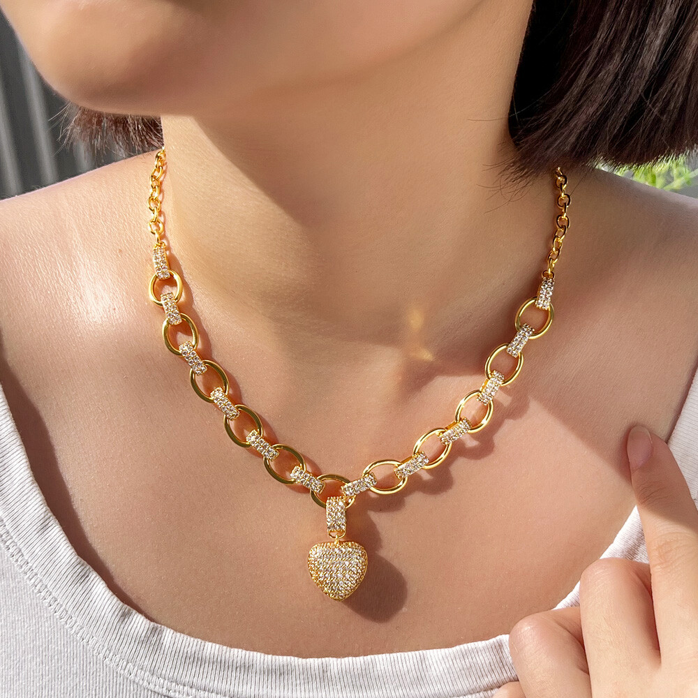 Women Gold Plated Heart Pendant Necklace Cubic Zircon Micro Paved