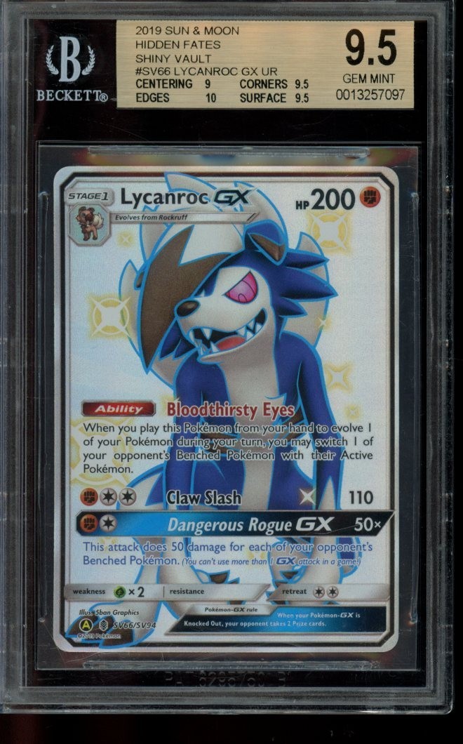 BGS 9.5 GEM MINT Pokemon Lycanroc GX  Hidden Fates Shiny Vault SV66/SV94