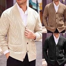 Mens Winter Cardigan Sweater Cable Knitted Button Cotton Sweater Pocket Tops