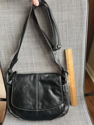Black Shoulder Bag with Stitching Accents, Multiple Compartments & Zip Closure