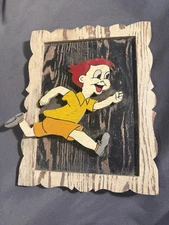 Fun Vintage Folk Art Painted Self Framed Wooden Running Boy Cutout