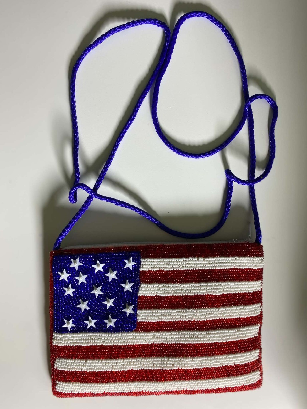 Collections Etc. Beaded USA Flag Shoulder Bag Red White Blue Zip, Lined