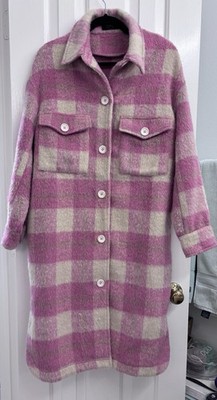 billitodu Pink Plaid Fuzzy Longline Shacket Coatigan - SIZE S (OVERSIZED)