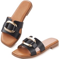 Womens Sandals Slip On Flat for Summer Comfortable Ladies Dressy Fashion Squa...