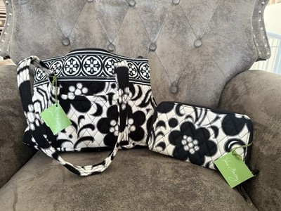 Vera Bradley Black White Quilted Floral Shoulder Bag Zip Closure Wallet Set