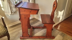 1800s Antique Wood School Desk with Bench Seat, Inkwell. Beautifully Refinished.