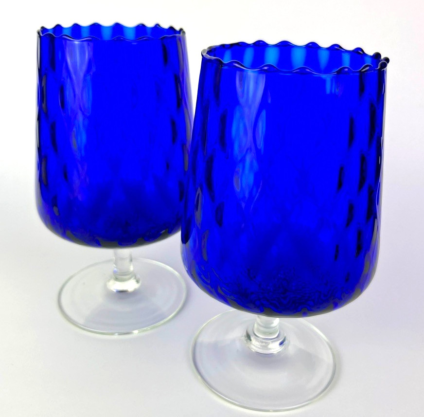 Vintage Cobalt Blue Art Glass Goblets Pair Scalloped Rim Hand Blown Wine Glasses image 8